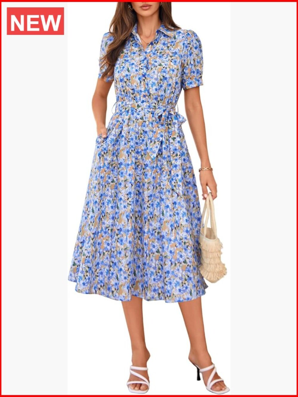 Flowy Boho Midi Dress with Pockets Puff Sleeves V-Neck